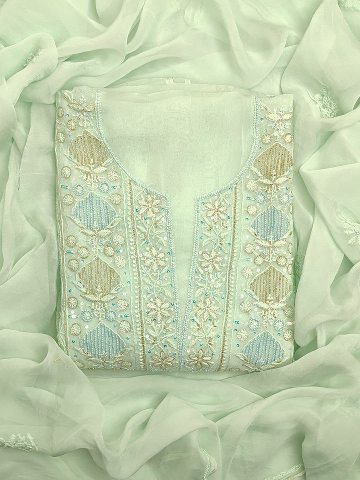 Mint Green Organza Hand Embroidery Unstitched Salwar Suit