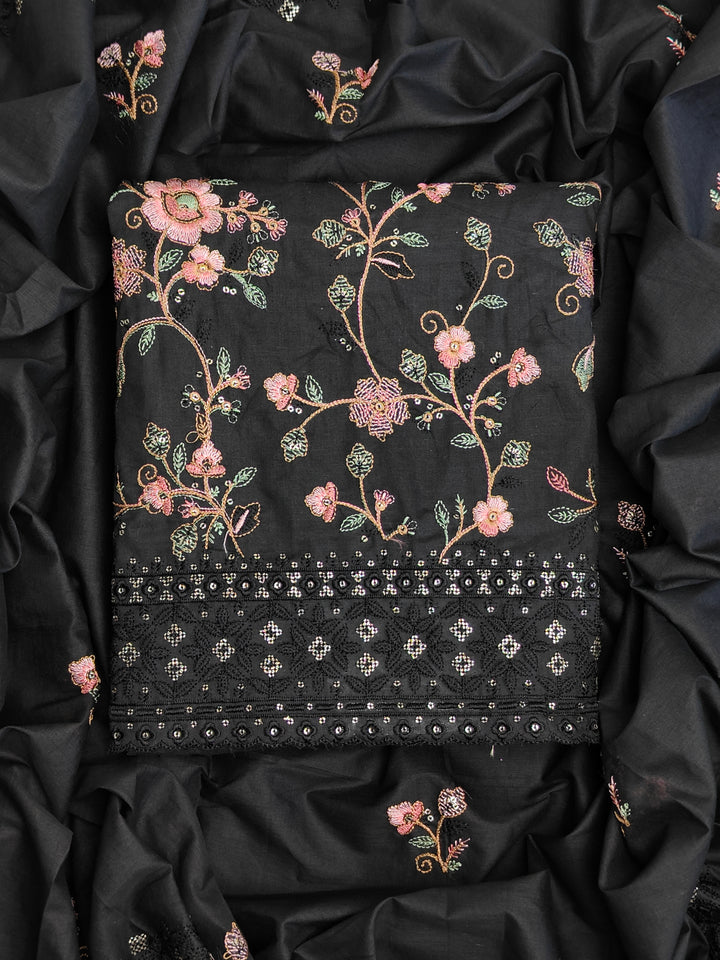 Black Cotton Embroidered with Cotton Duppatta Unstitched Salwar Suit