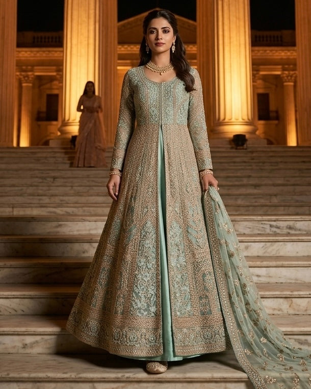 Nazaakat Sage Green Net Indo-Western Gown with Zari, Mirror & Stone Work | Fazals Nazaakat Sage Green Net Indo-Western Gown with Zari, Mirror & Stone Work | Fazals