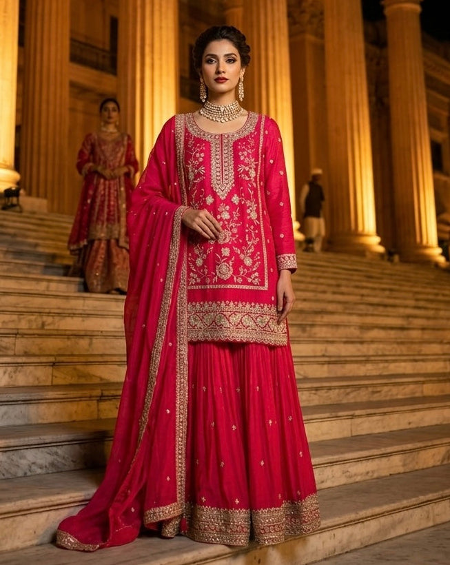 Nargis – Royal Navy Chinnon Gharara Suit with Zari & Stone Work | Fazals