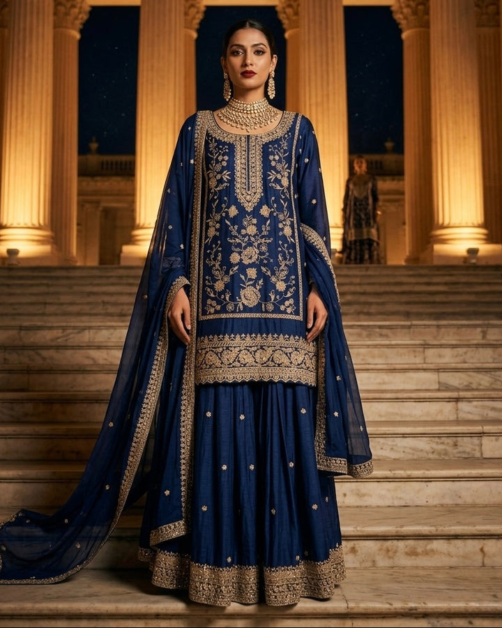 Nargis – Royal Navy Chinnon Gharara Suit with Zari & Stone Work | Fazals