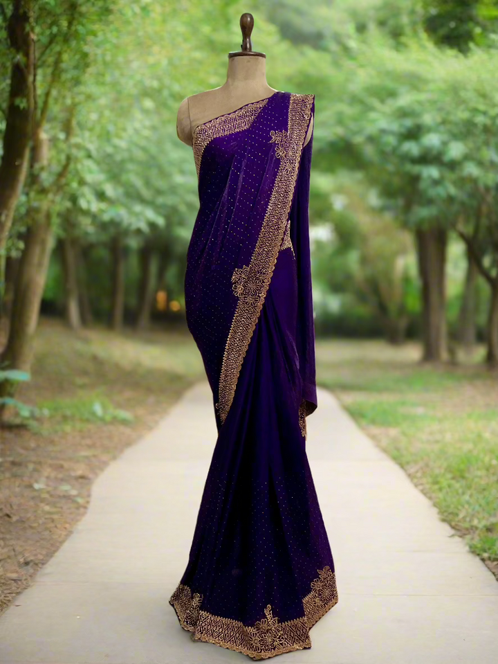 Organza Satin Stone Work Embroidered Saree