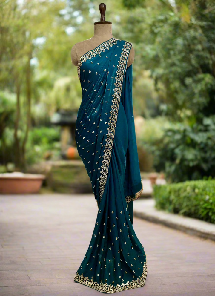 Organza Satin Stone Work Embroidered Saree