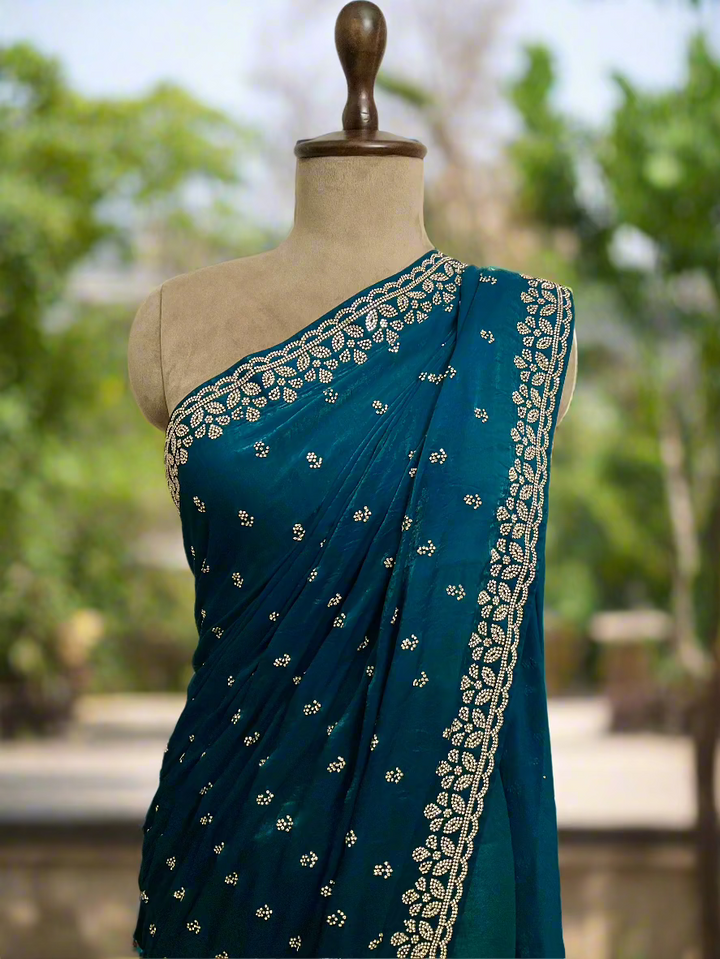 Organza Satin Stone Work Embroidered Saree