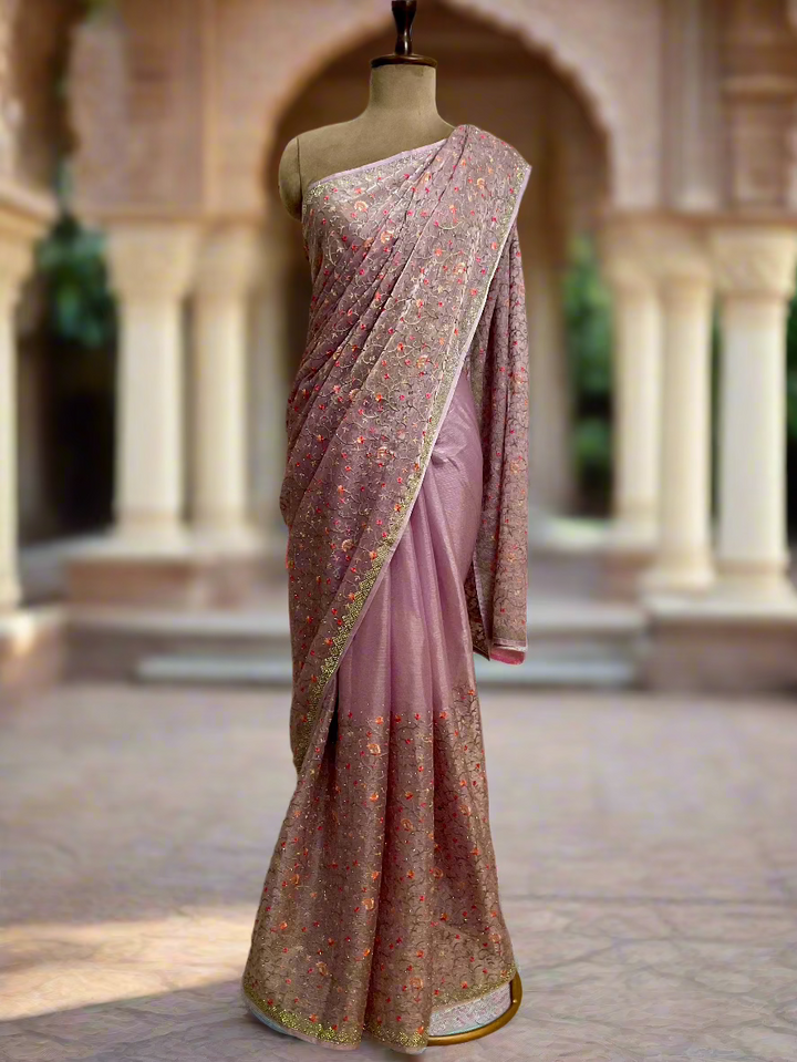 Organza Chiffon Stone Work Embroidered Saree