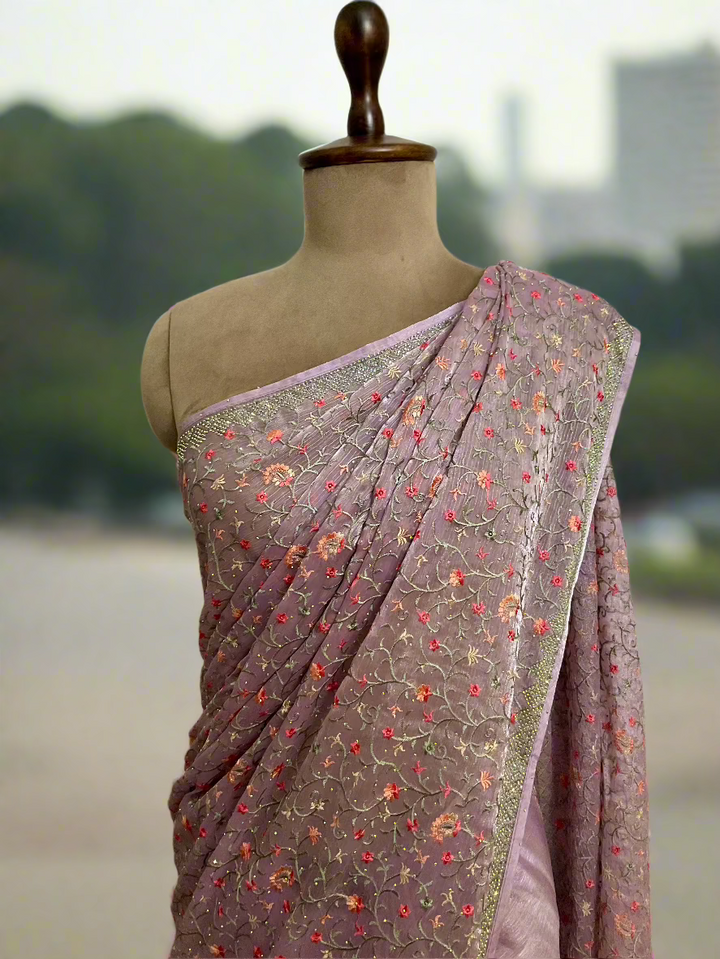 Organza Chiffon Stone Work Embroidered Saree