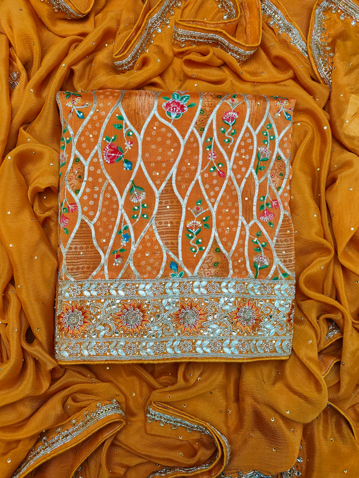 Orange Chinnon Embroidered Unstitched Salwar Suit