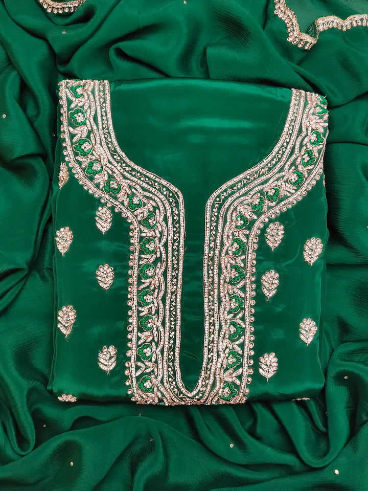 Crepe Silk Bottle Green Unstitched Salwar Suit