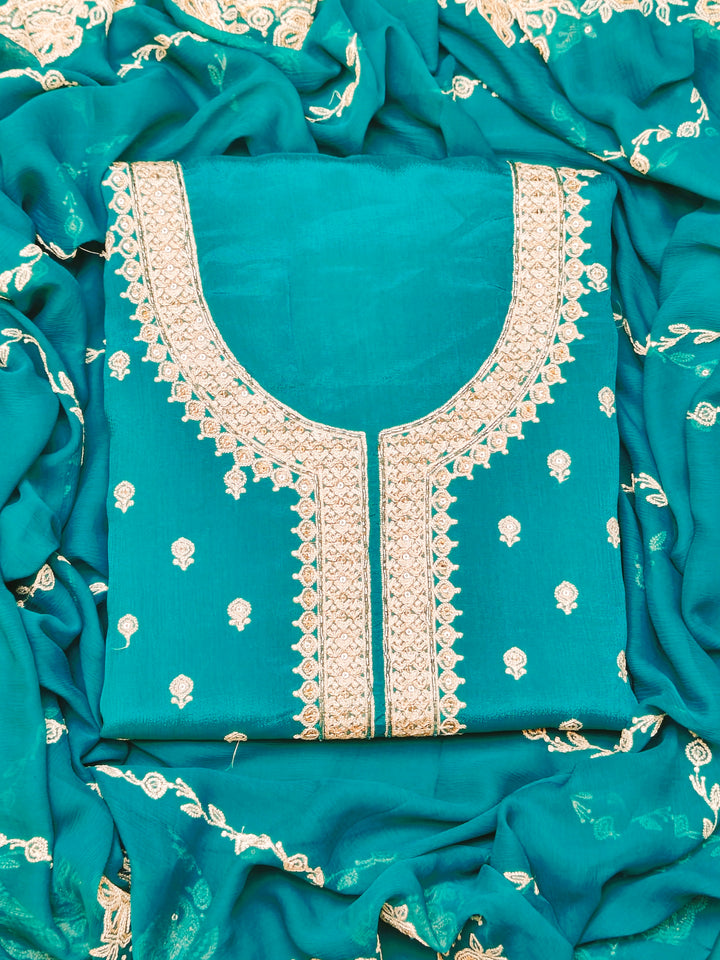 Blue Embroidery Chinnon Unstitched Salwar Suit