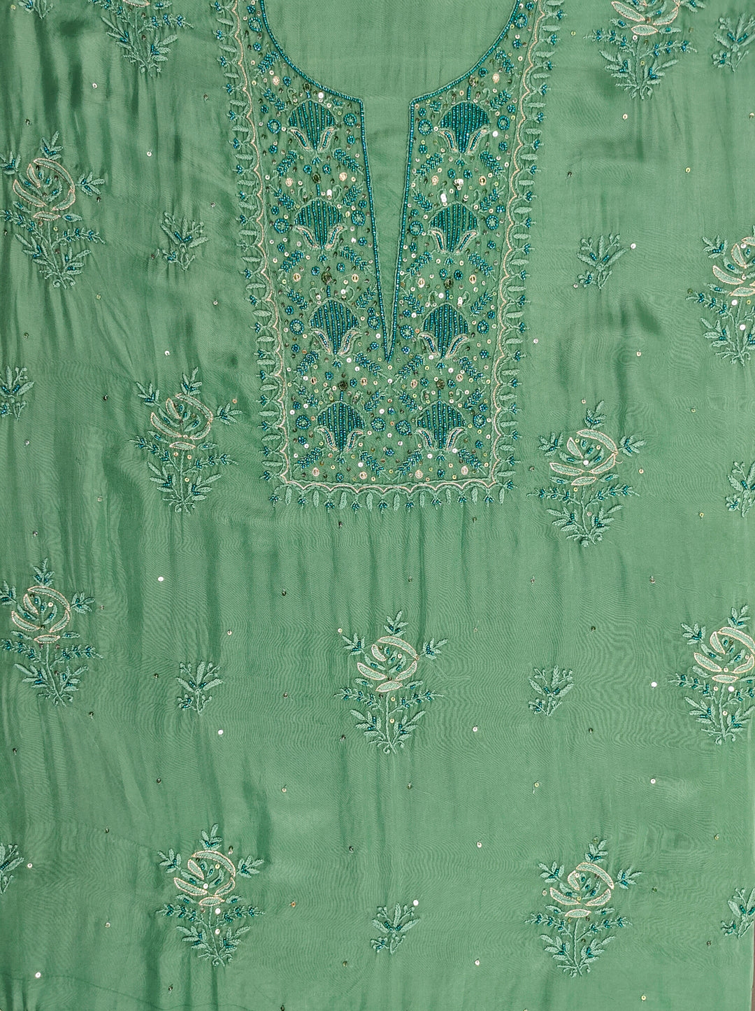 Green Organza Hand Embroidery Unstitched Salwar Suit