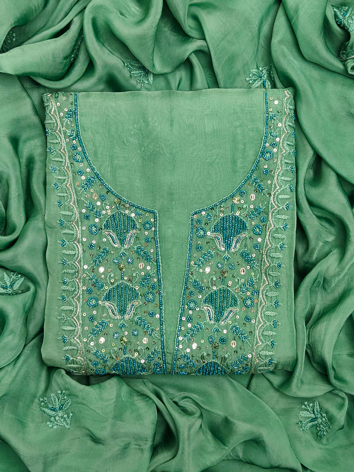 Green Organza Hand Embroidery Unstitched Salwar Suit