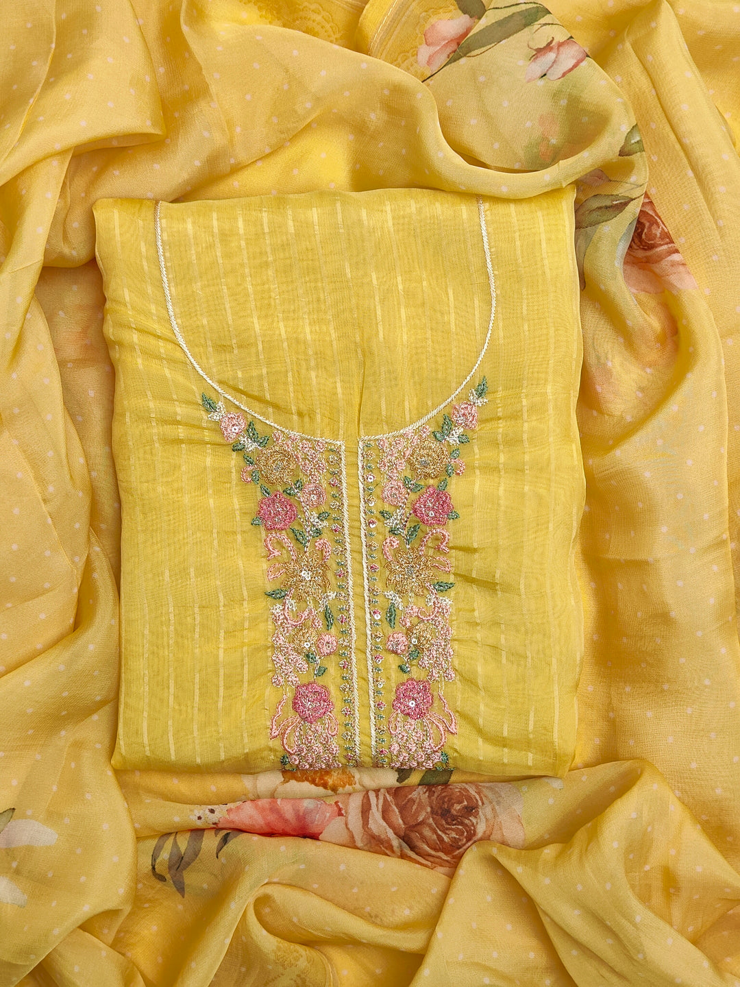 Yellow Organza Embroidery Unstitched Salwar Suit