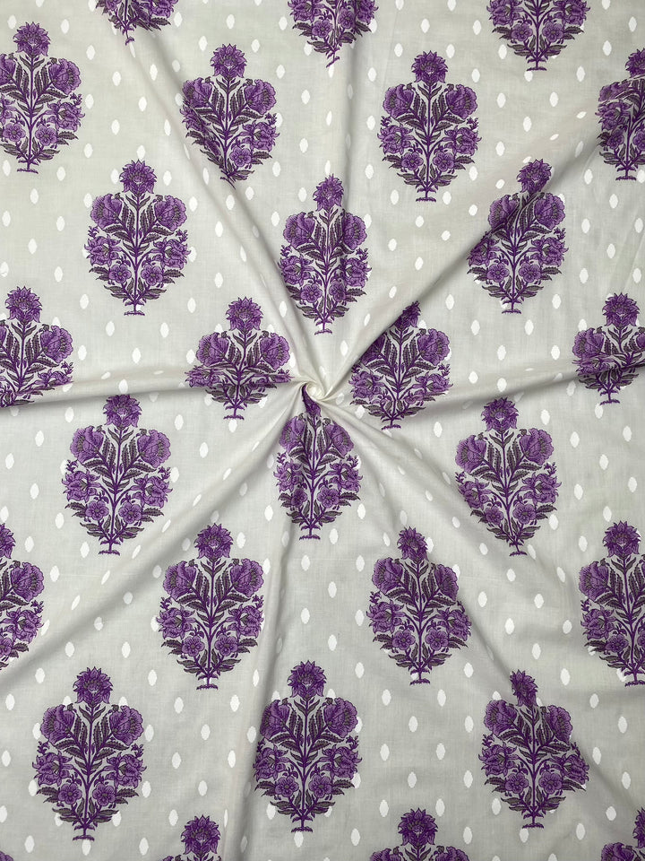 Block Printed Cotton Fabric White/Purple