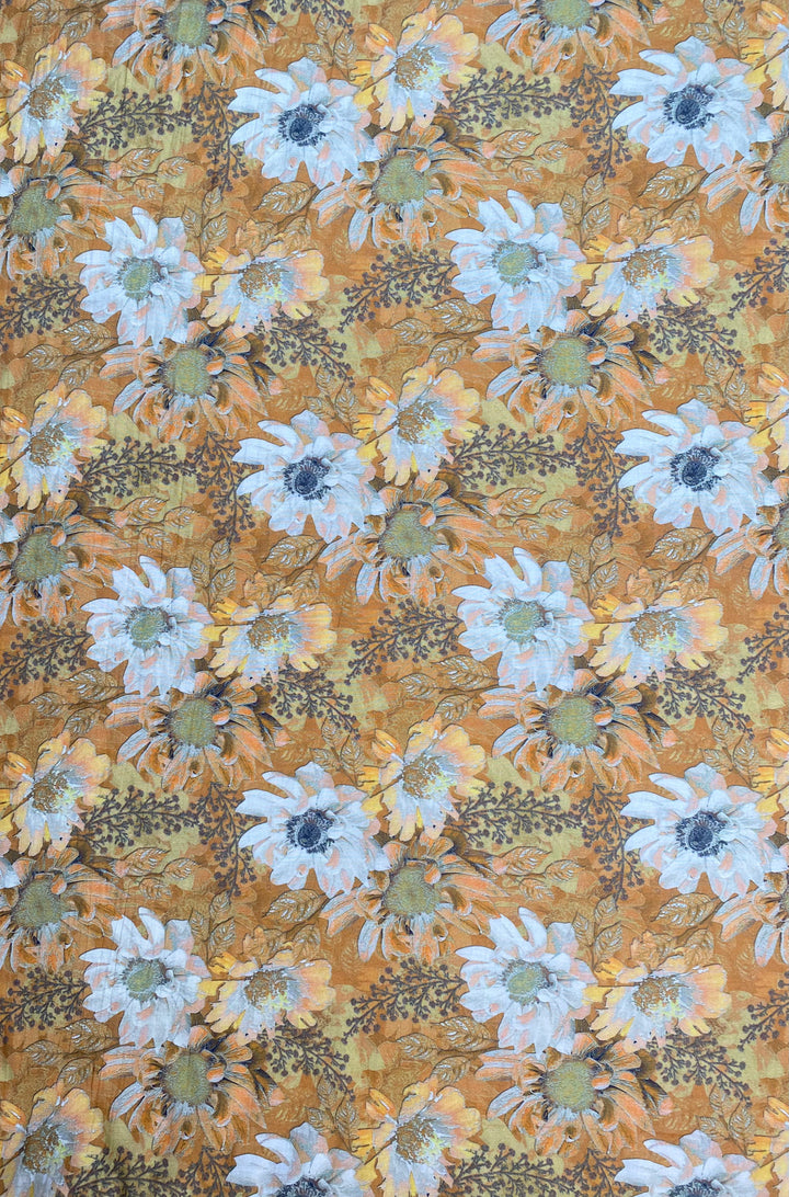 Printed Floral Muslin Cotton Fabric Mustard