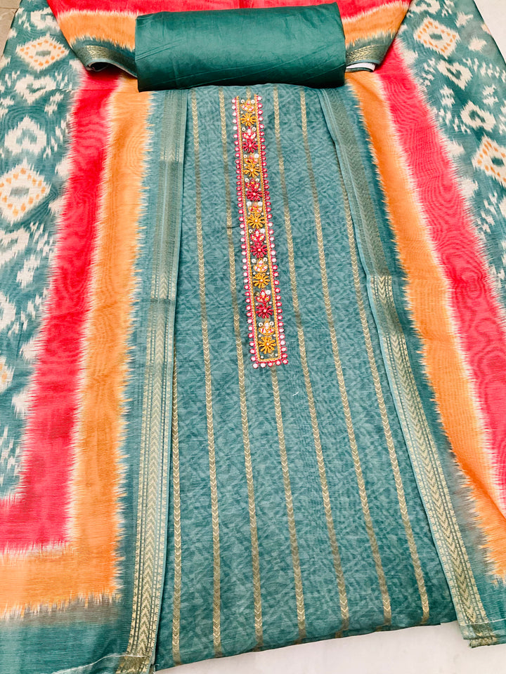 Woven Chanderi Embroidered Unstitched Salwar Suit - 45339