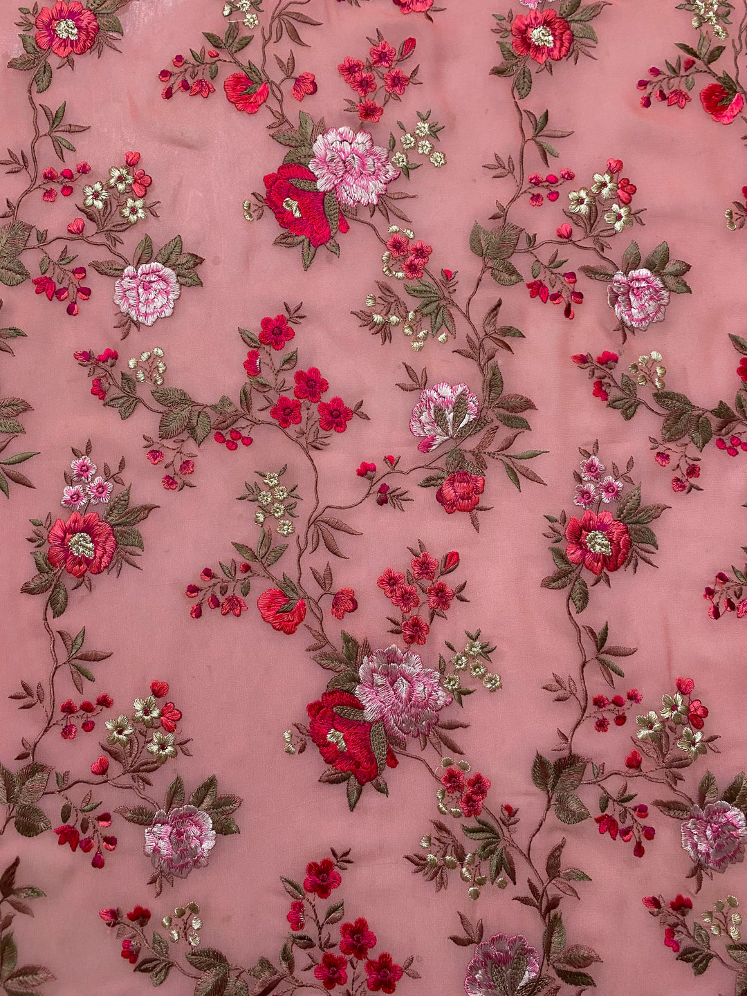 Peach Georgette Embroidered Fabric