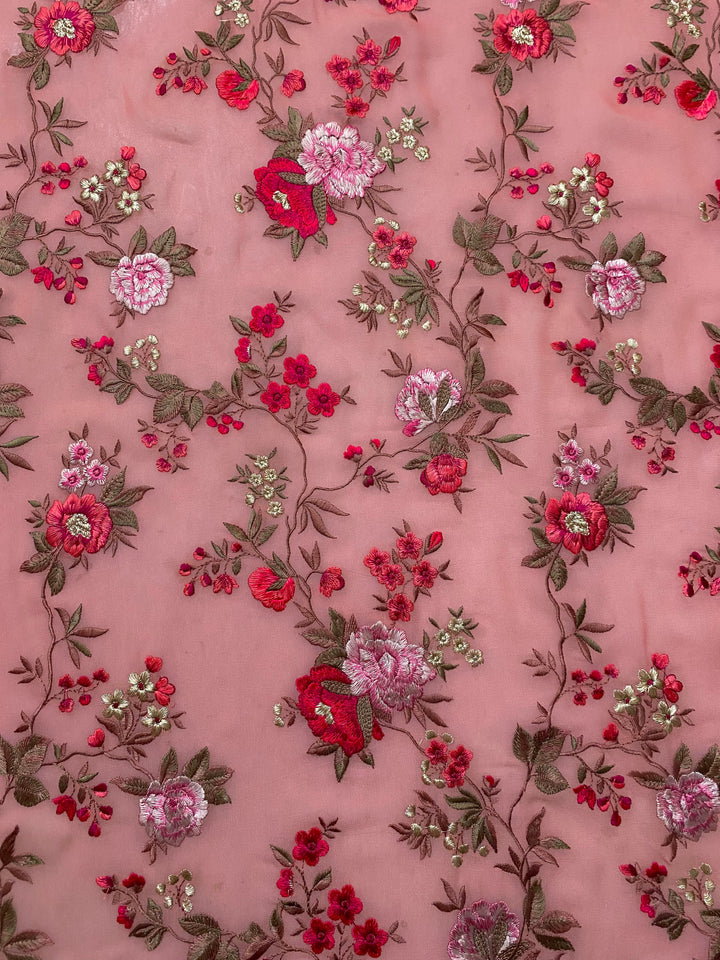 Peach Georgette Embroidered Fabric