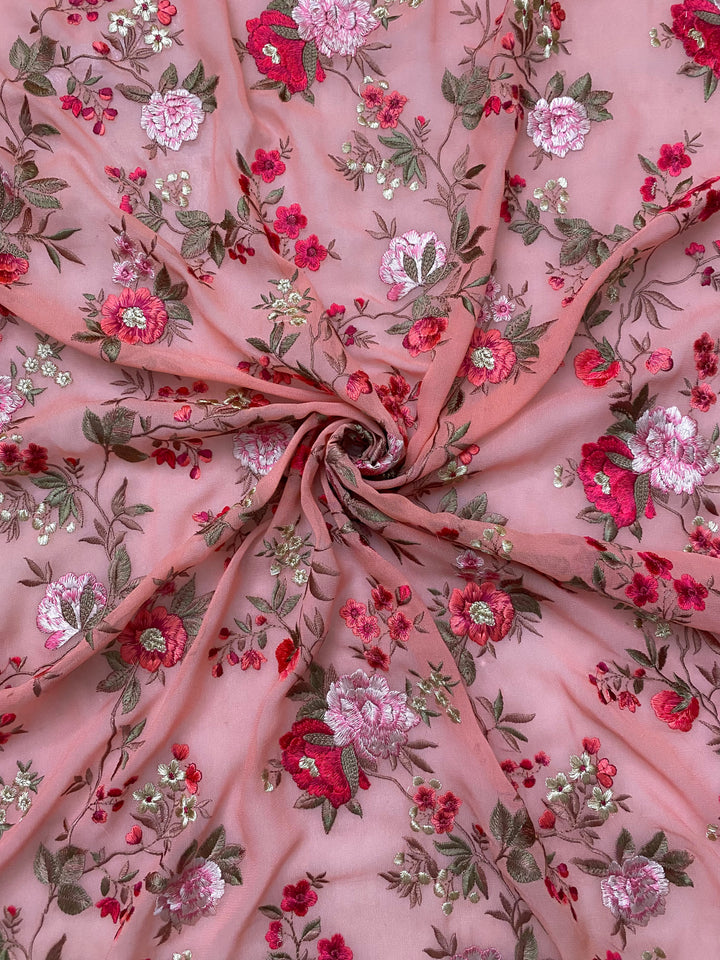 Peach Georgette Embroidered Fabric