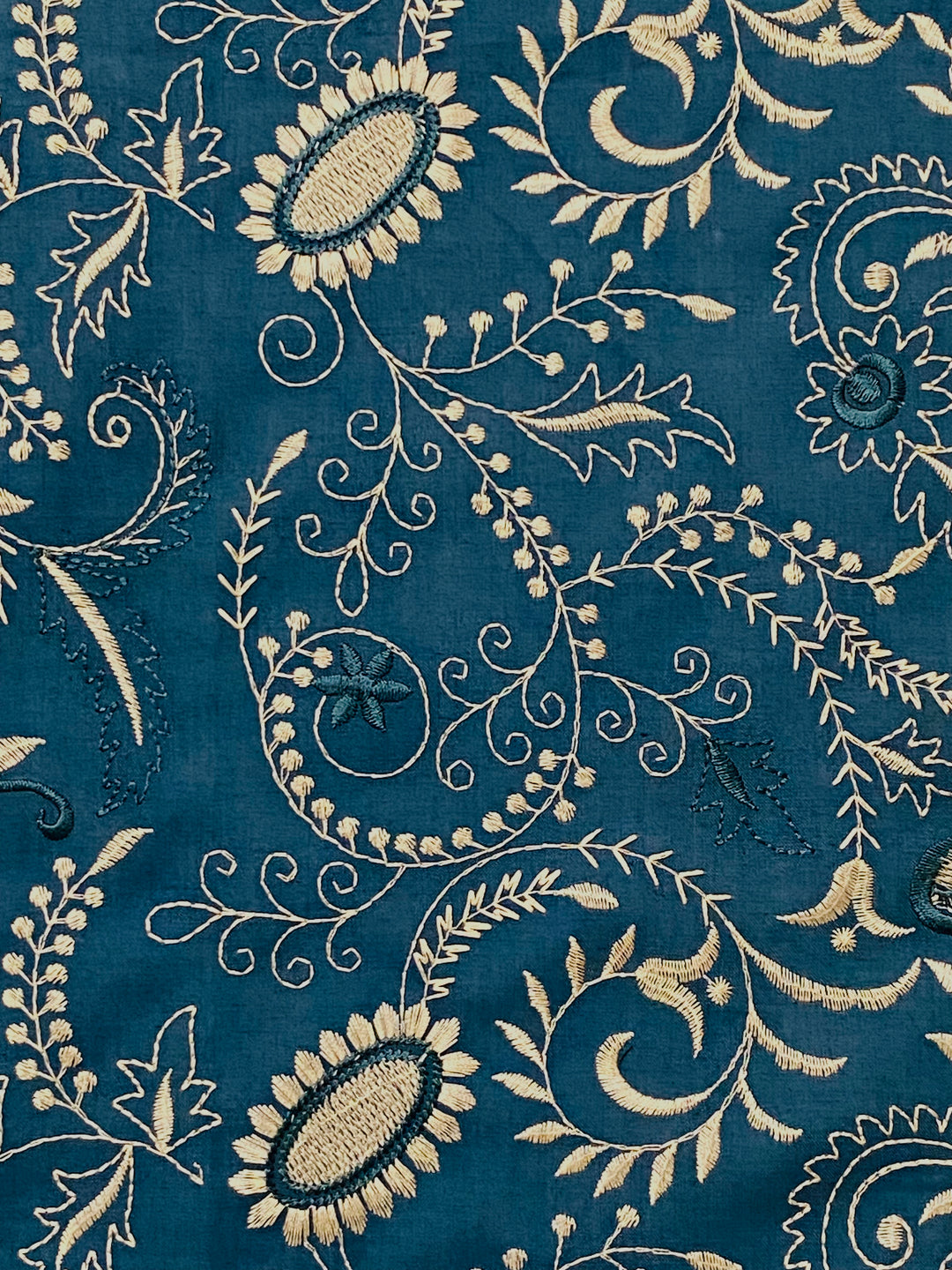 Airforce Blue Cotton Embroidered Fabric