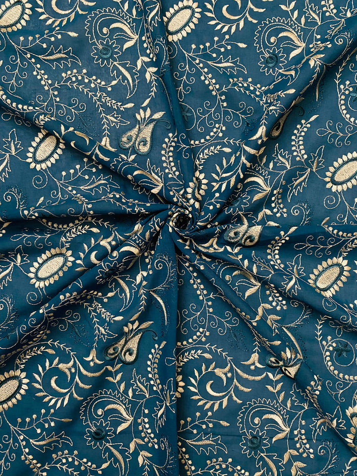 Fazals Airforce Blue Cotton Embroidered Fabric