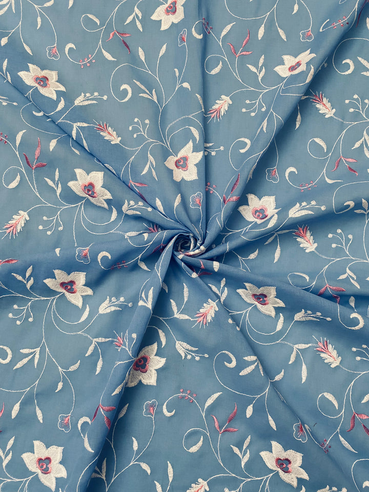 Denium Blue Cotton Embroidered Fabric