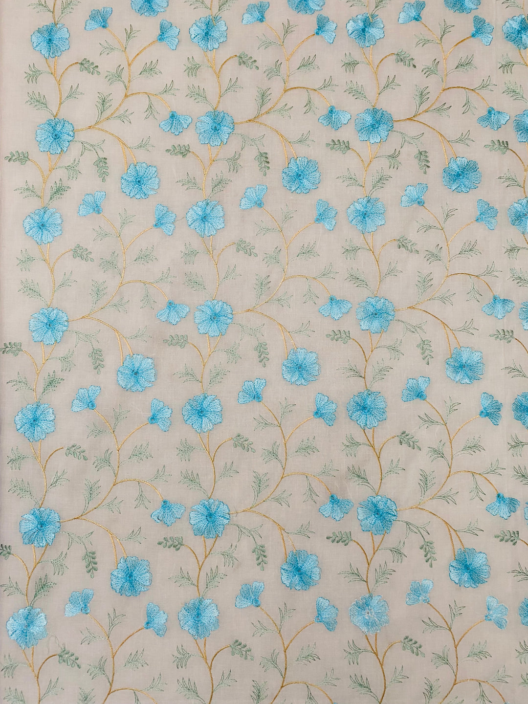 Off White and Blue Cotton Embroidered Fabric