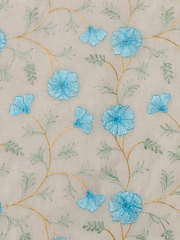 Off White and Blue Cotton Embroidered Fabric