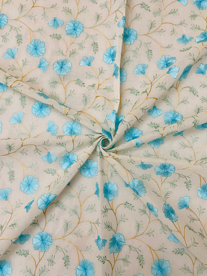 Off White and Blue Cotton Embroidered Fabric