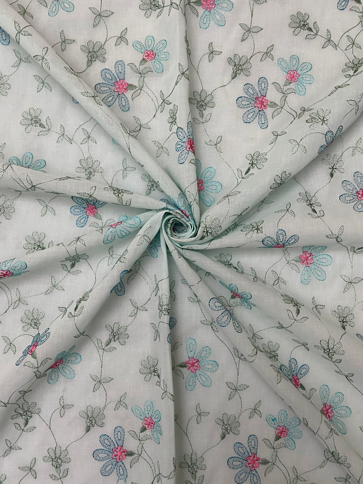 Blue Cotton Embroidered Fabric