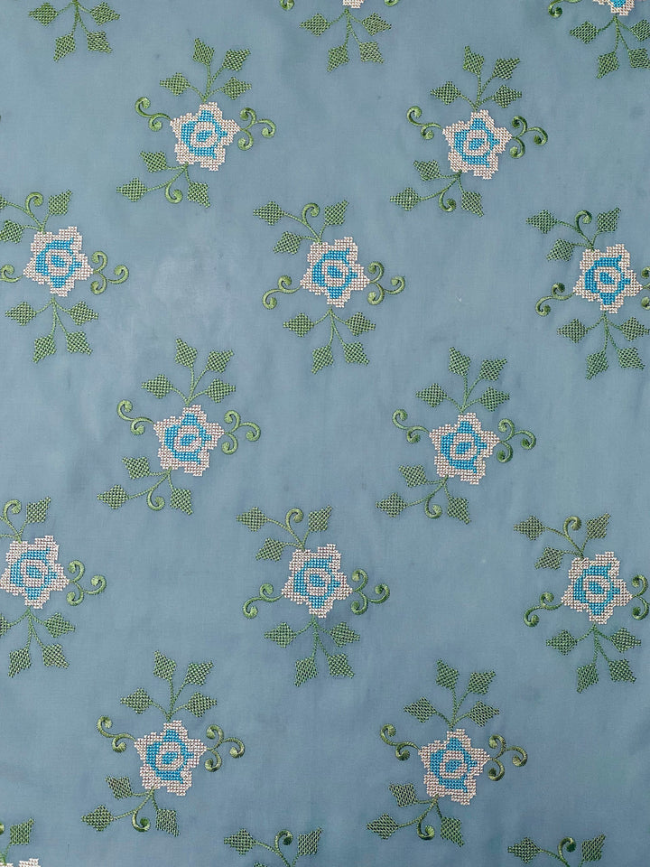 Blue Cotton Embroidered Fabric