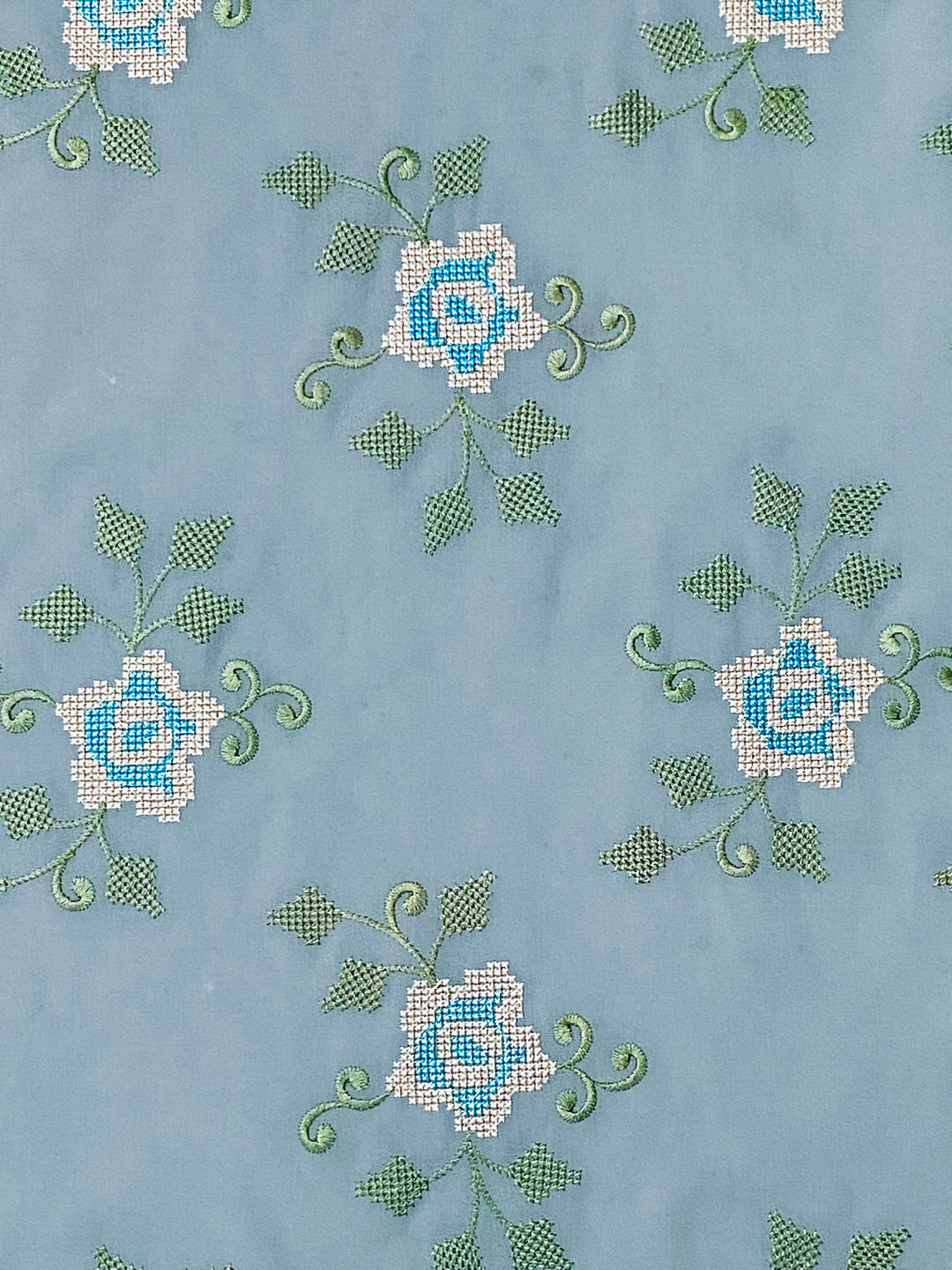 Blue Cotton Embroidered Fabric