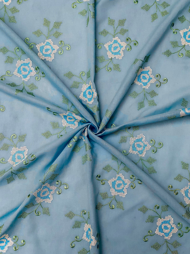 Blue Cotton Embroidered Fabric