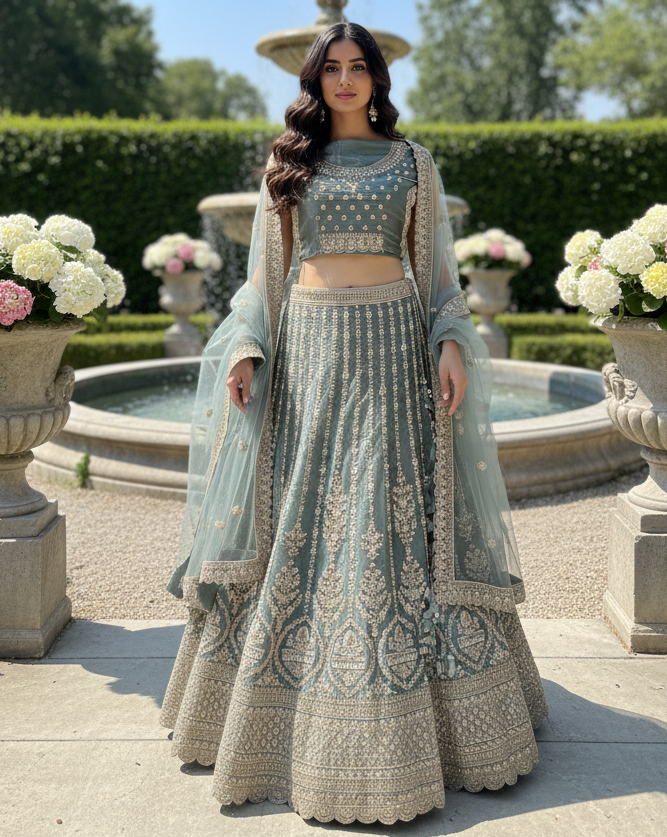 Nayra – Dusty Teal Georgette Lehenga with Thread & Sequin Work, Embroidered Blouse & Net Dupatta | Fazals