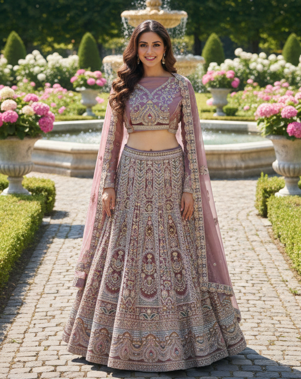 Gulnaar – Lavender Net Lehenga with Thread & Sequins Embroidery, Embroidered Blouse & Net Dupatta | Fazals