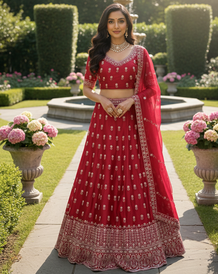 Ameera – Rosé Pink Tissue Lehenga with Thread & Katdana Embroidery, Embroidered Blouse & Tissue Dupatta | Fazals