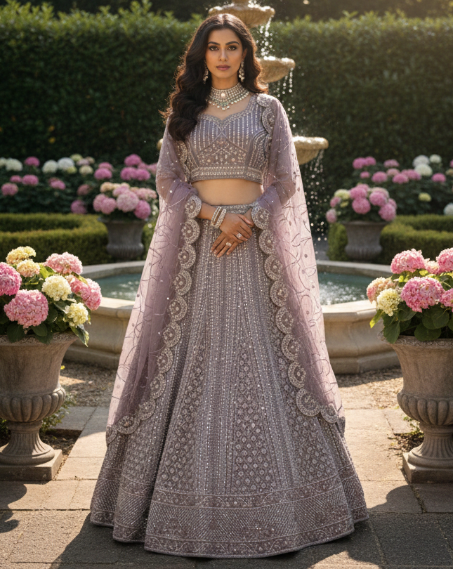 Lavelle – Lavender Net Lehenga with Thread & Stone Embroidery, Embroidered Blouse & Net Dupatta | Fazals