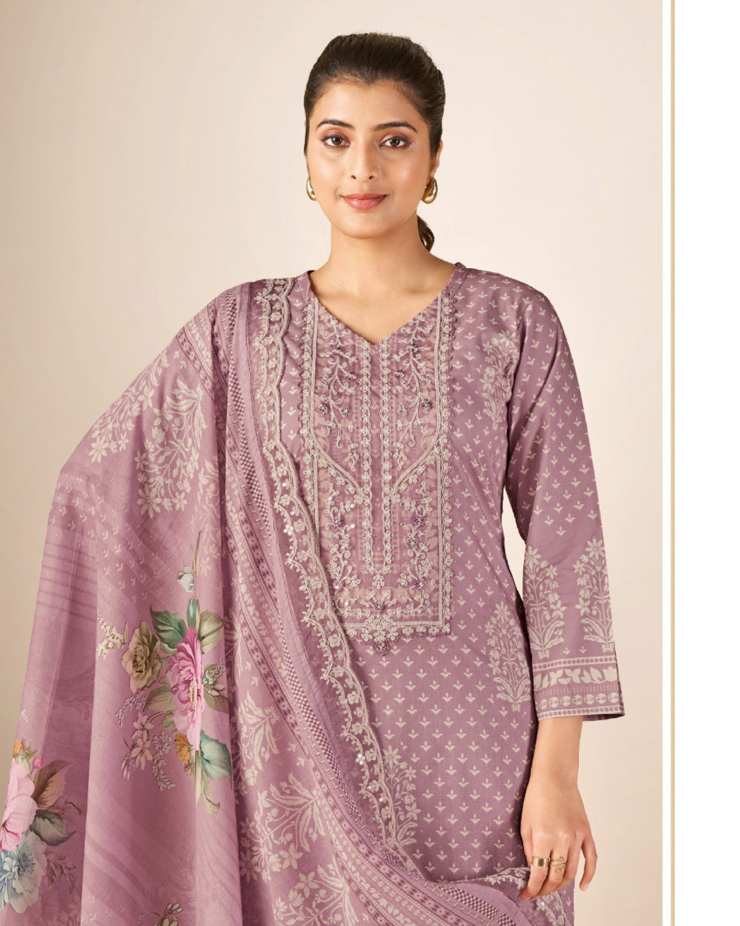 43983 - Printed Cotton Embroidered Suit With Cotton Duppatta