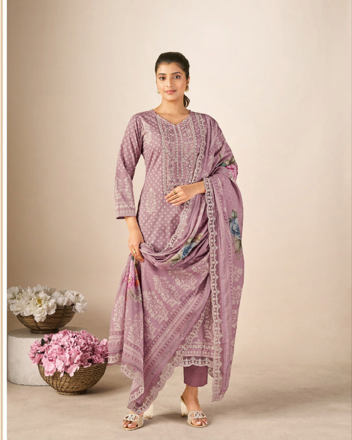 43983 - Printed Cotton Embroidered Suit With Cotton Duppatta