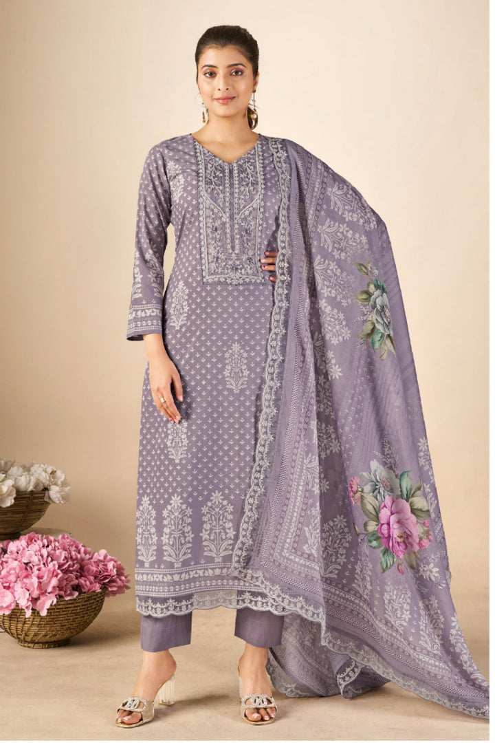 43984 - Printed Cotton Embroidered Suit With Cotton Duppatta