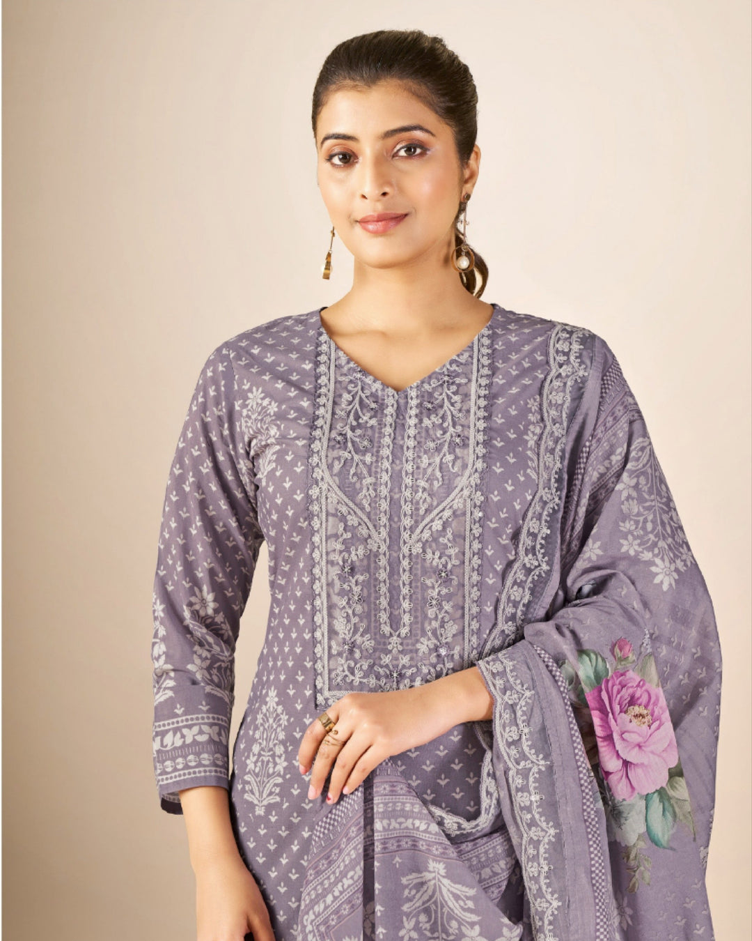 43984 - Printed Cotton Embroidered Suit With Cotton Duppatta