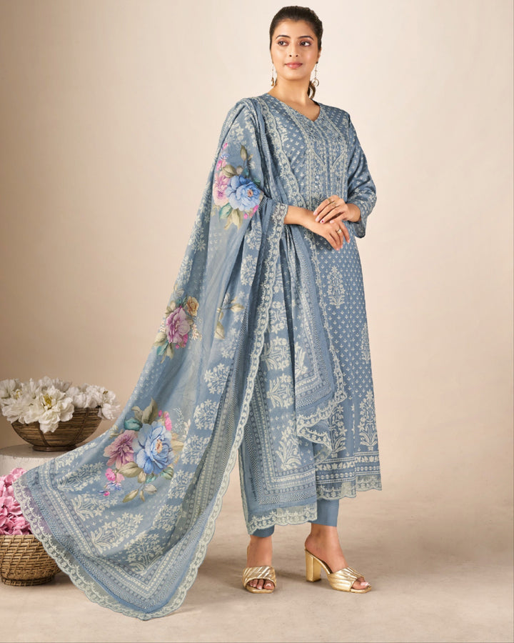 43985 - Printed Cotton Embroidered Suit With Cotton Duppatta