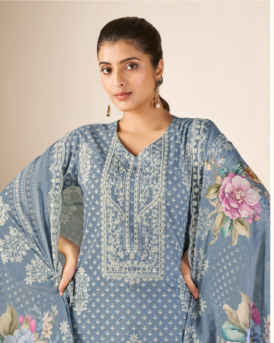 43985 - Printed Cotton Embroidered Suit With Cotton Duppatta