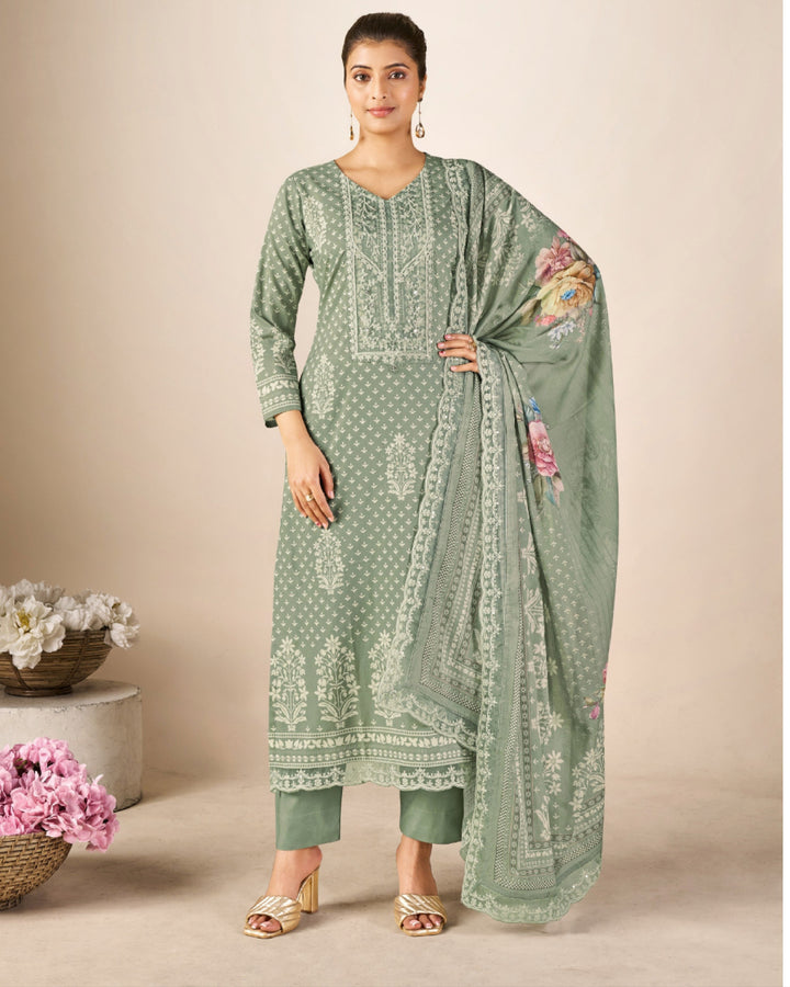 43986 - Printed Cotton Embroidered Suit With Cotton Duppatta