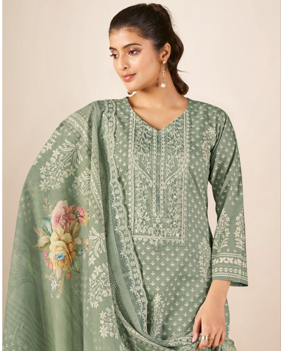 43986 - Printed Cotton Embroidered Suit With Cotton Duppatta