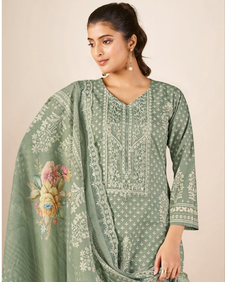 43986 - Printed Cotton Embroidered Suit With Cotton Duppatta