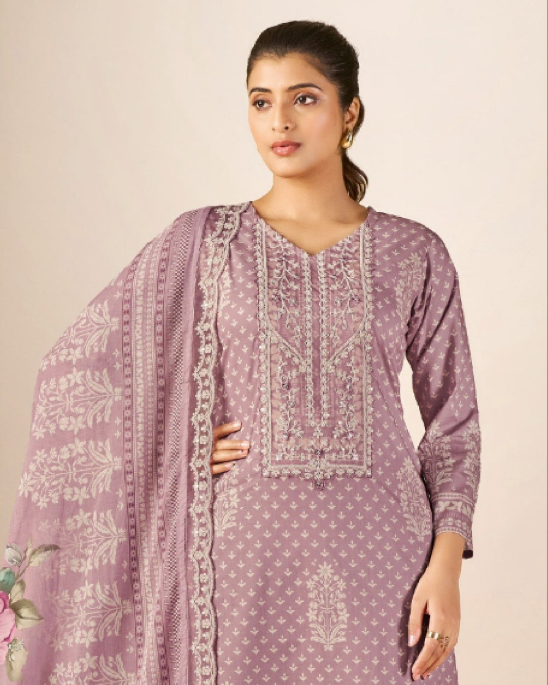 43983 - Printed Cotton Embroidered Suit With Cotton Duppatta