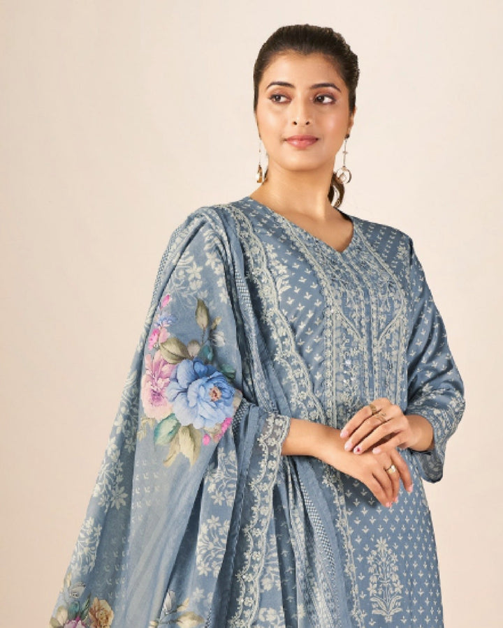 43985 - Printed Cotton Embroidered Suit With Cotton Duppatta