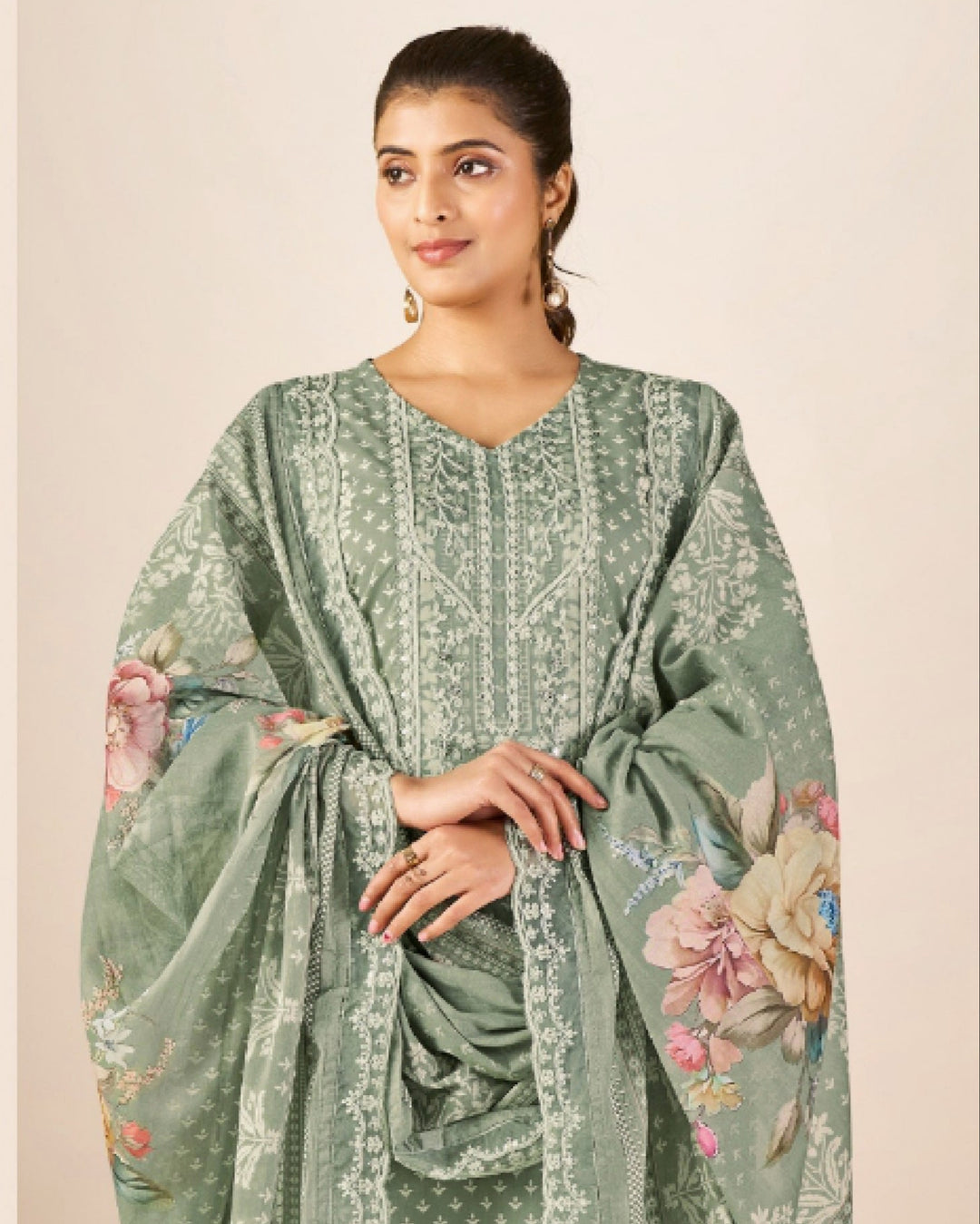 43986 - Printed Cotton Embroidered Suit With Cotton Duppatta
