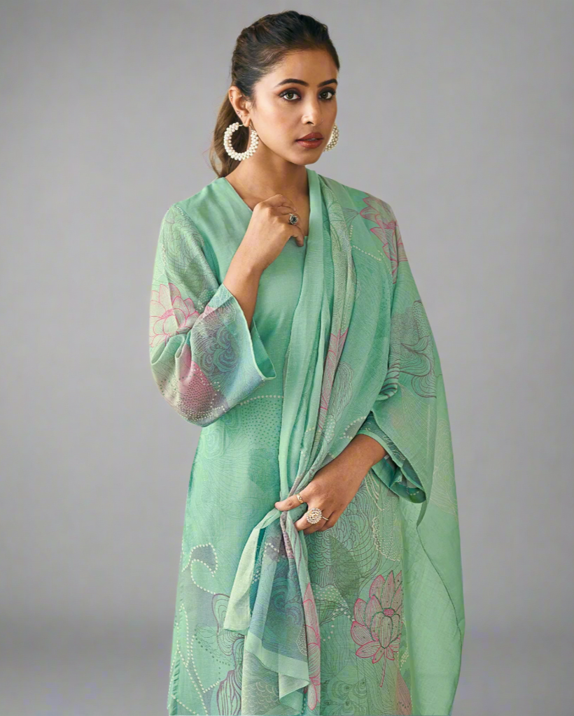 Mint Green Muslin Floral Print Suit