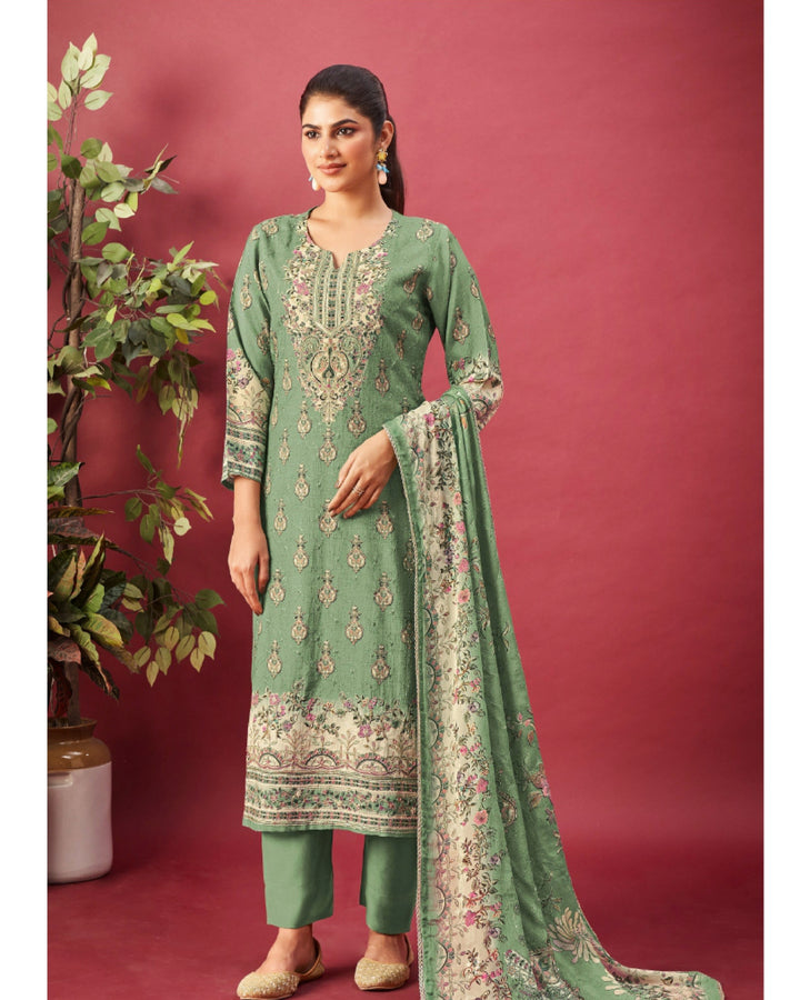 43972 - Printed Muslin Embroidered Suit With Muslin Duppatta